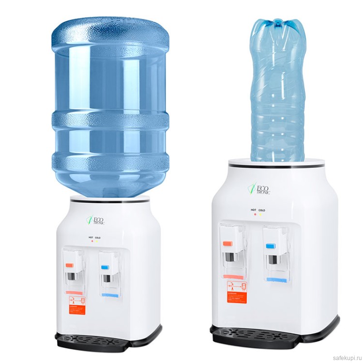 Вододиспенсер Ecotronic A2-TE с охлаждением. В комплекте две насадки, позволяющие устанавливать бутылки разного типа (5 л, 3 л, 2 л или 1,5 л).